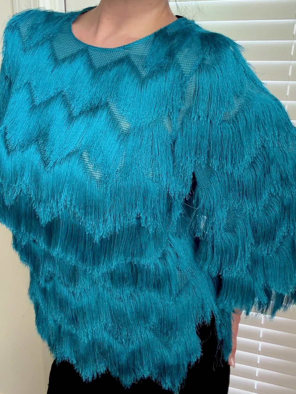 Akris Punto Teal Blue Zigzag Fringe Blouse 3/4 Sleeve Statement Top US 4